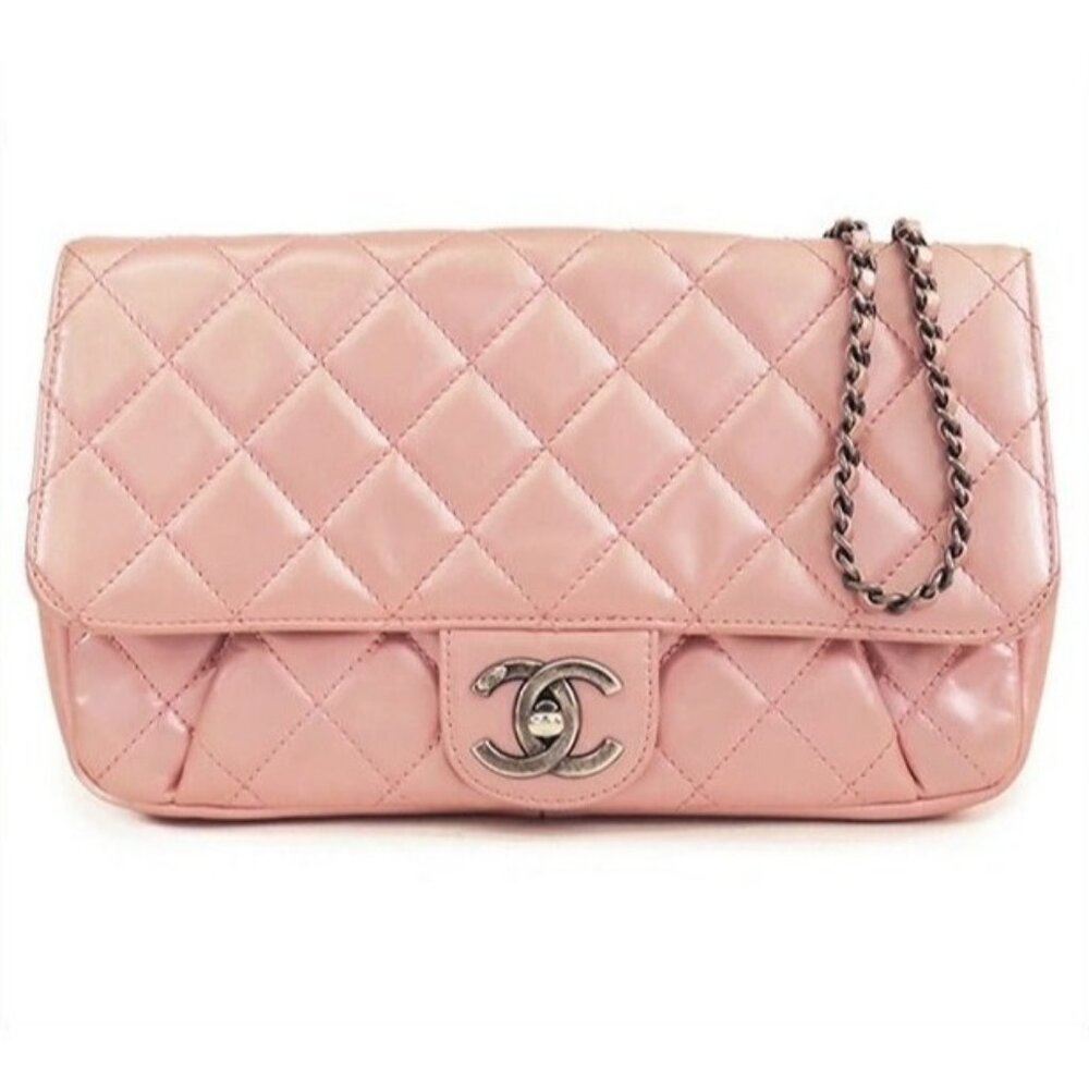 Authentic CHANEL Lambskin Quilted Flap Bag Purse Glazed Coco Pleasts Tote Pink